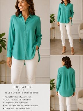Ted Baker 55% Linen Blend Button Front Blouse Seafoam Green Oversized M